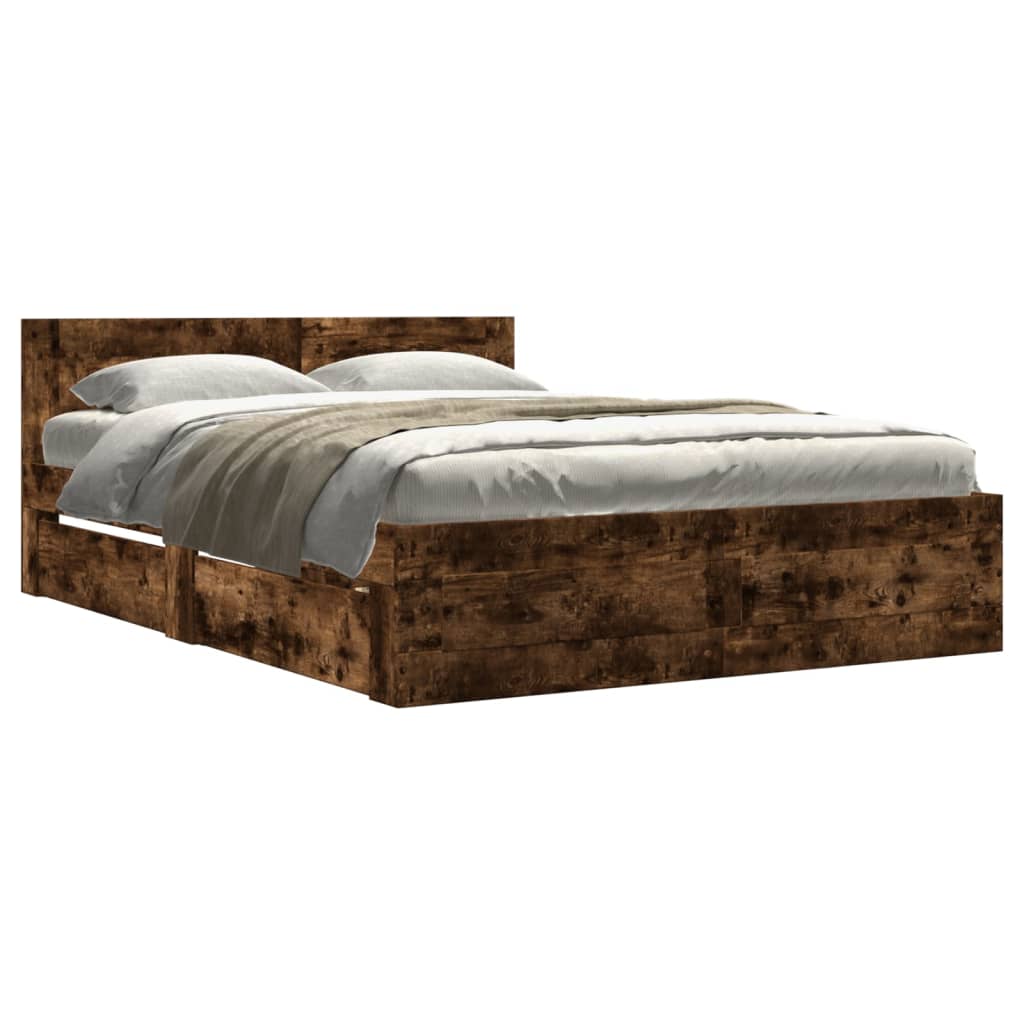 Bed Frame with Headboard without Mattress Smoked Oak 140x190 cm