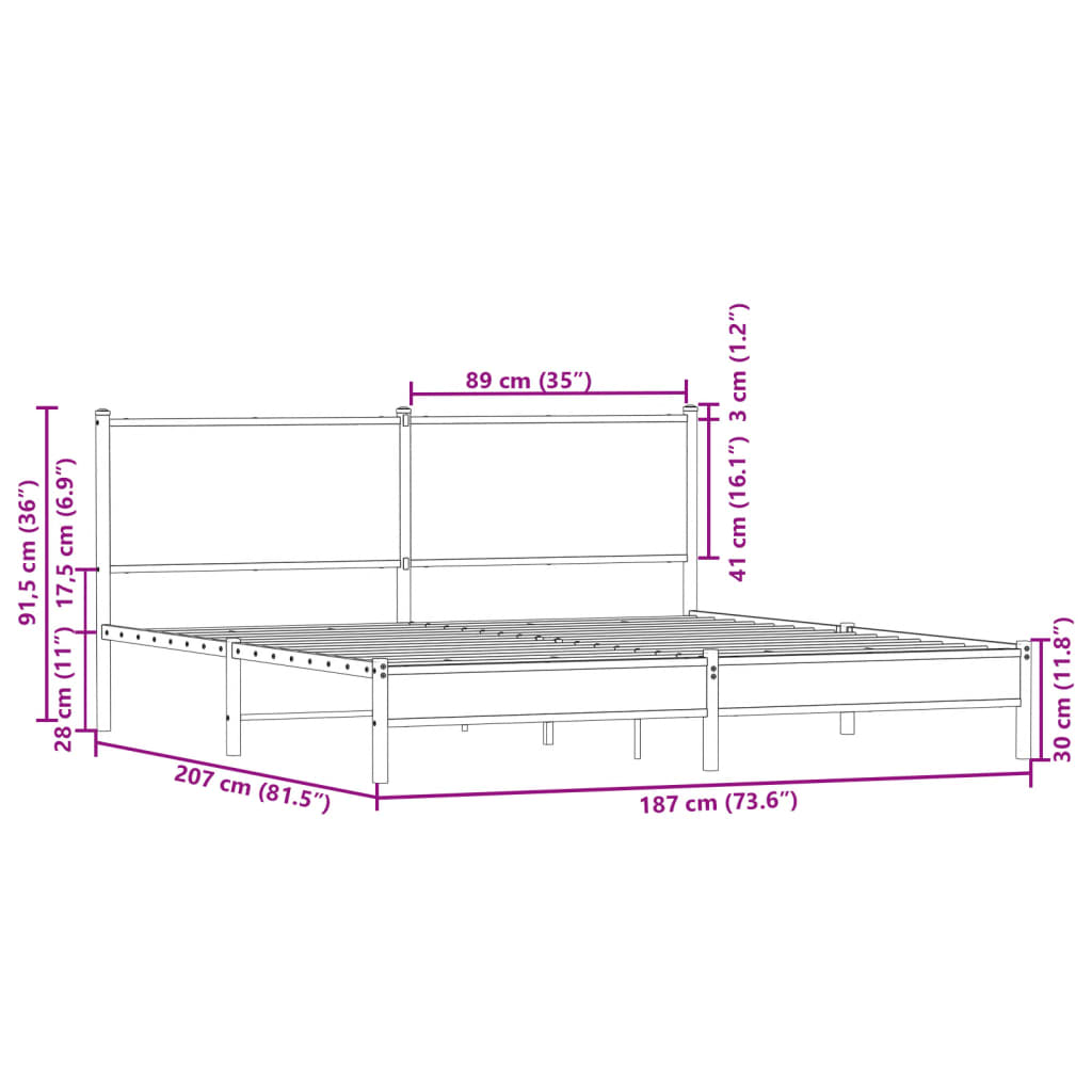 Metal Bed Frame without Mattress Sonoma Oak 180x200 cm Super King