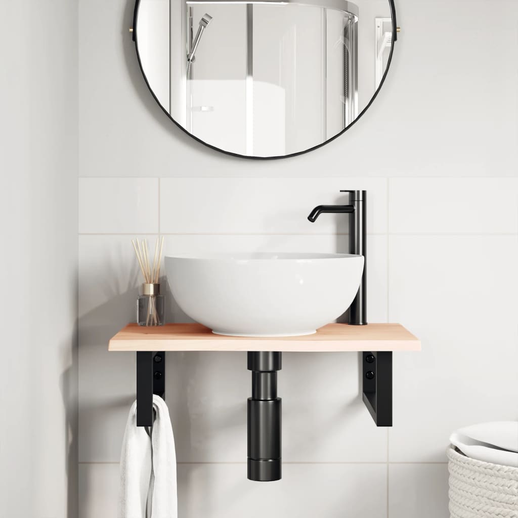 Basin Shelf Wall Mounted Steel and Solid Wood Oak