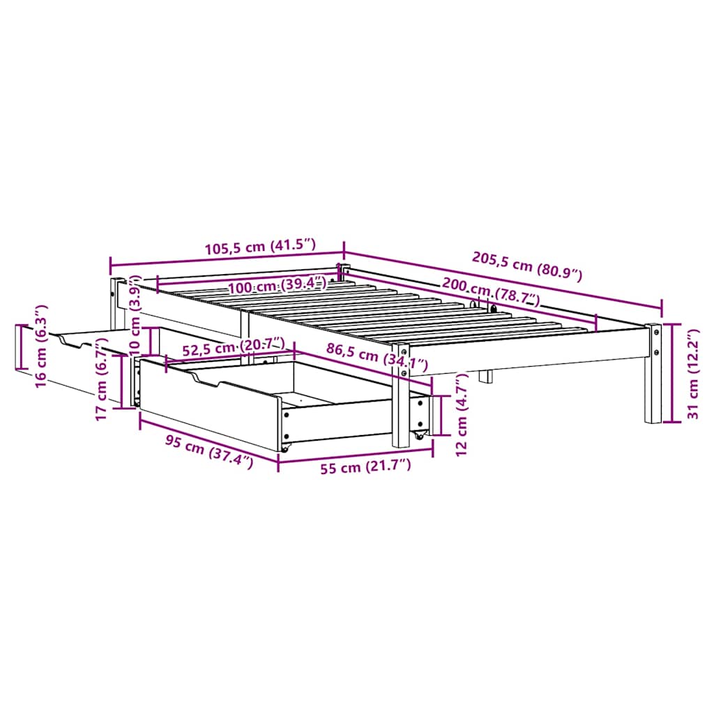 Bed Frame without Mattress 100x200 cm Solid Wood Pine