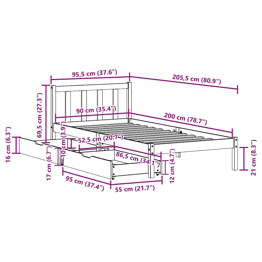 Bed Frame without Mattress 90x200 cm Solid Wood Pine