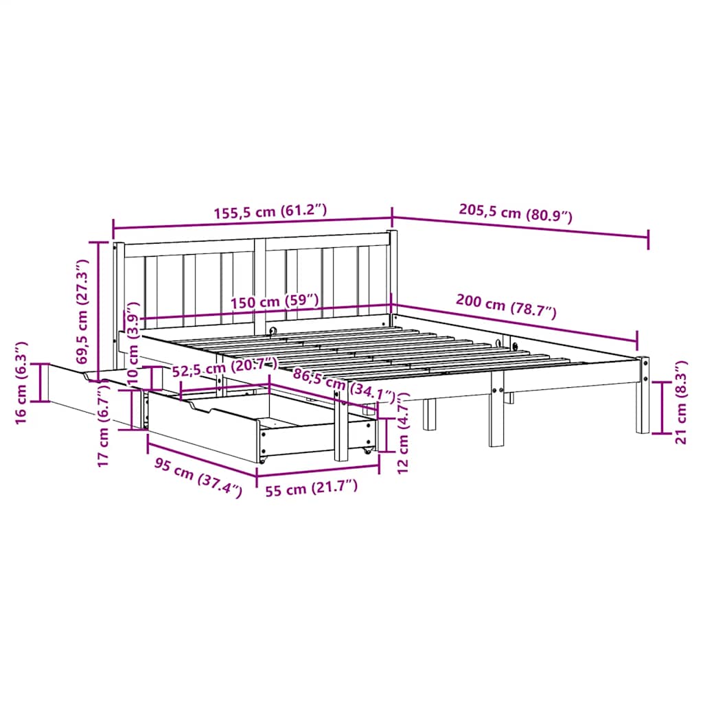 Bed Frame without Mattress White 150x200 cm King Size Solid Wood Pine