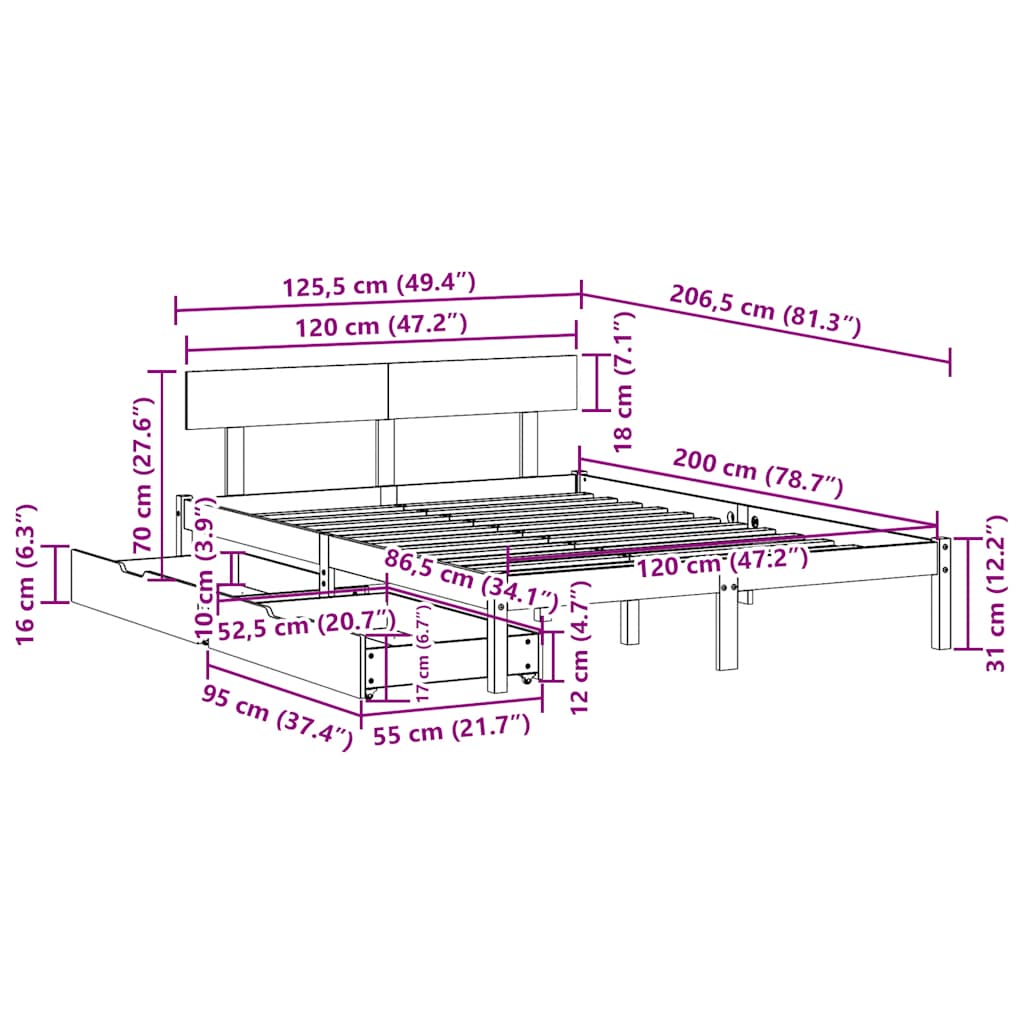 Bed Frame without Mattress 120x200 cm Solid Wood Pine
