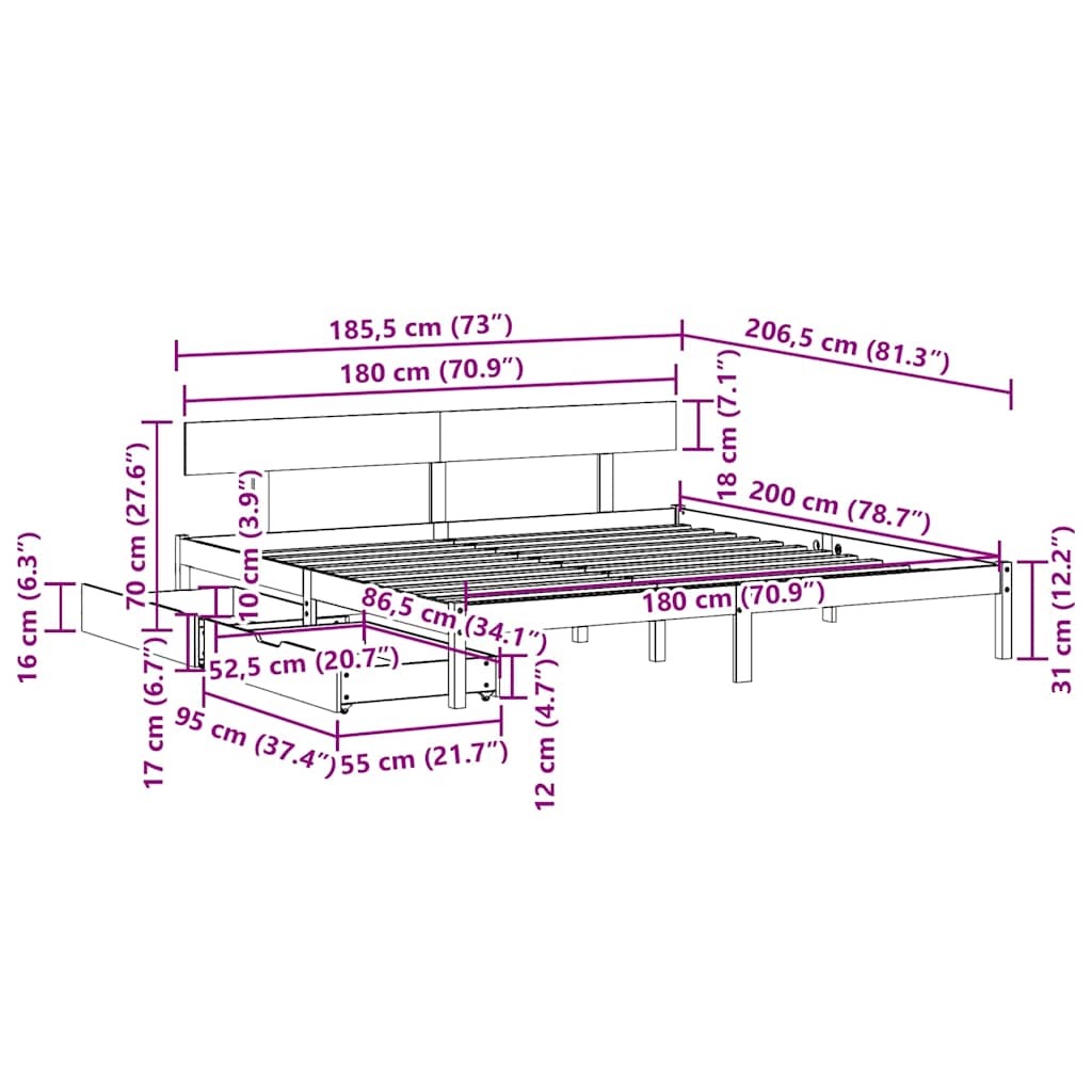 Bed Frame without Mattress 180x200 cm Super King Solid Wood Pine