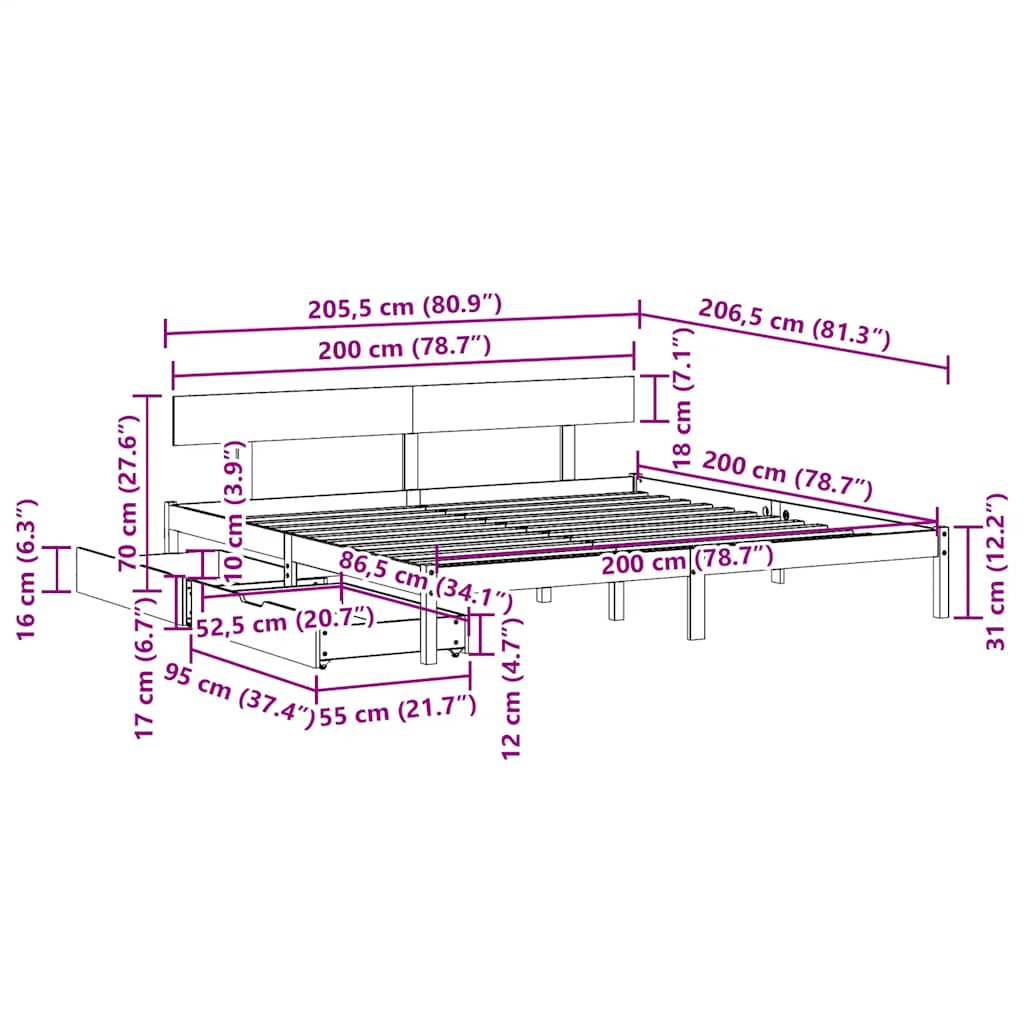 Bed Frame without Mattress White 200x200 cm Solid Wood Pine