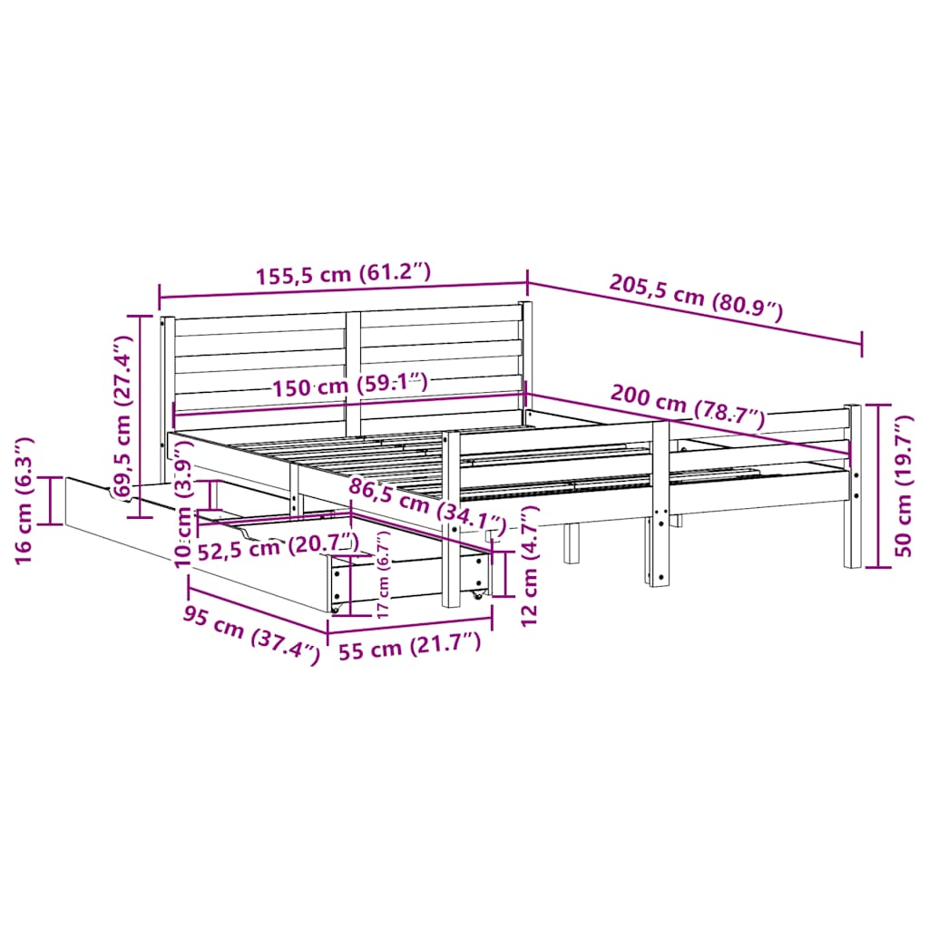 Bed Frame without Mattress 150x200 cm King Size Solid Wood Pine