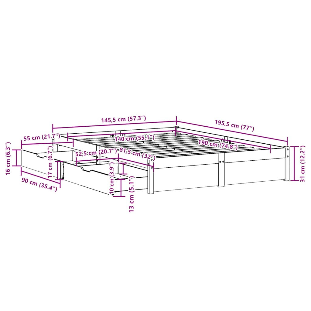 Bed Frame without Mattress 140x190 cm Solid Wood Pine