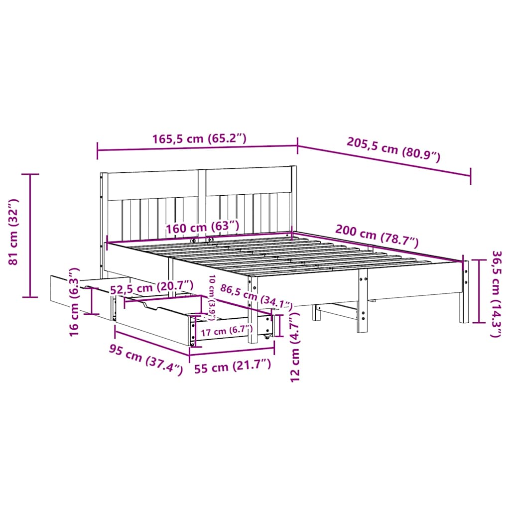 Bed Frame without Mattress 160x200 cm Solid Wood Pine
