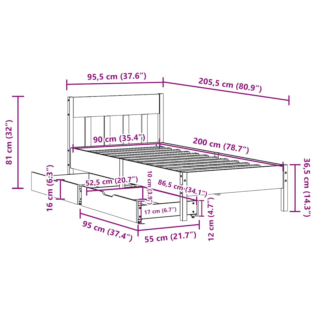 Bed Frame without Mattress 90x200 cm Solid Wood Pine
