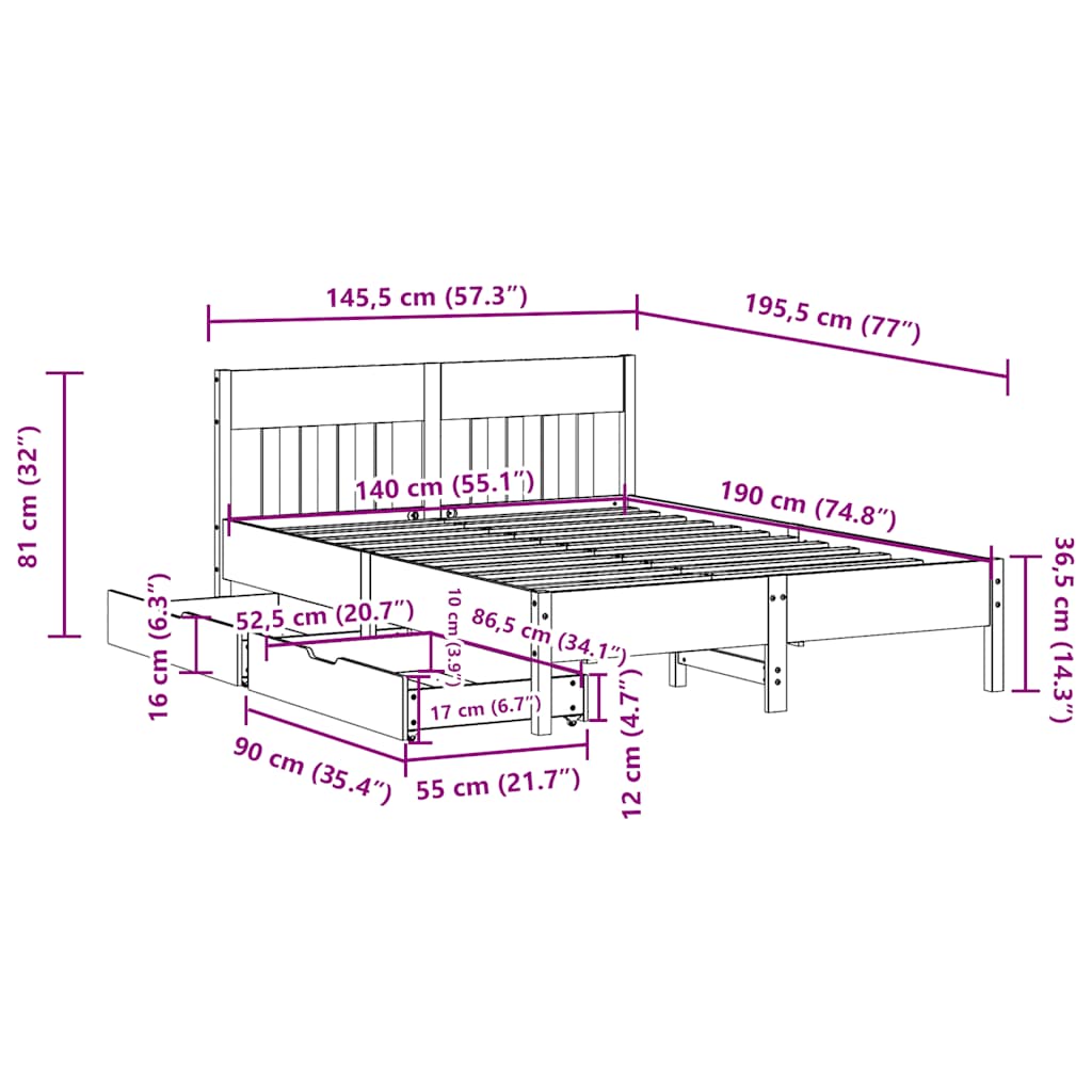 Bed Frame without Mattress 140x190 cm Solid Wood Pine