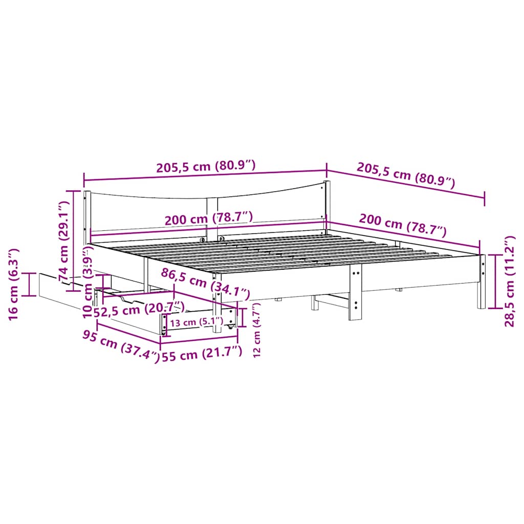 Bed Frame with Drawers 200x200 cm Solid Wood Pine