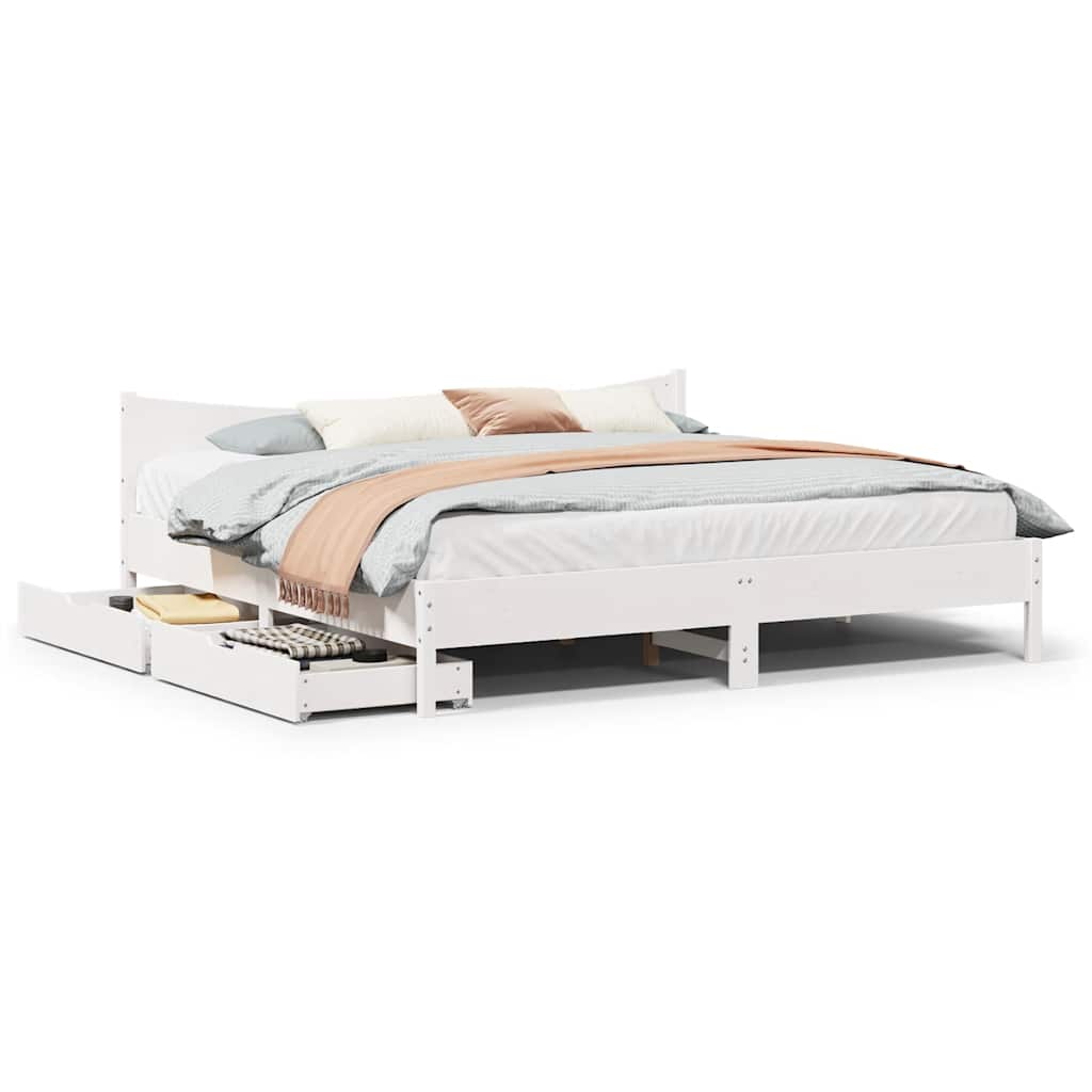 Bed Frame with Drawers White 200x200 cm Solid Wood Pine