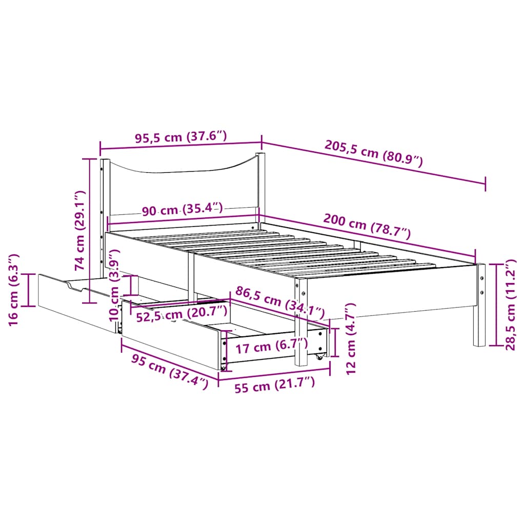 Bed Frame with Drawers 90x200 cm Solid Wood Pine