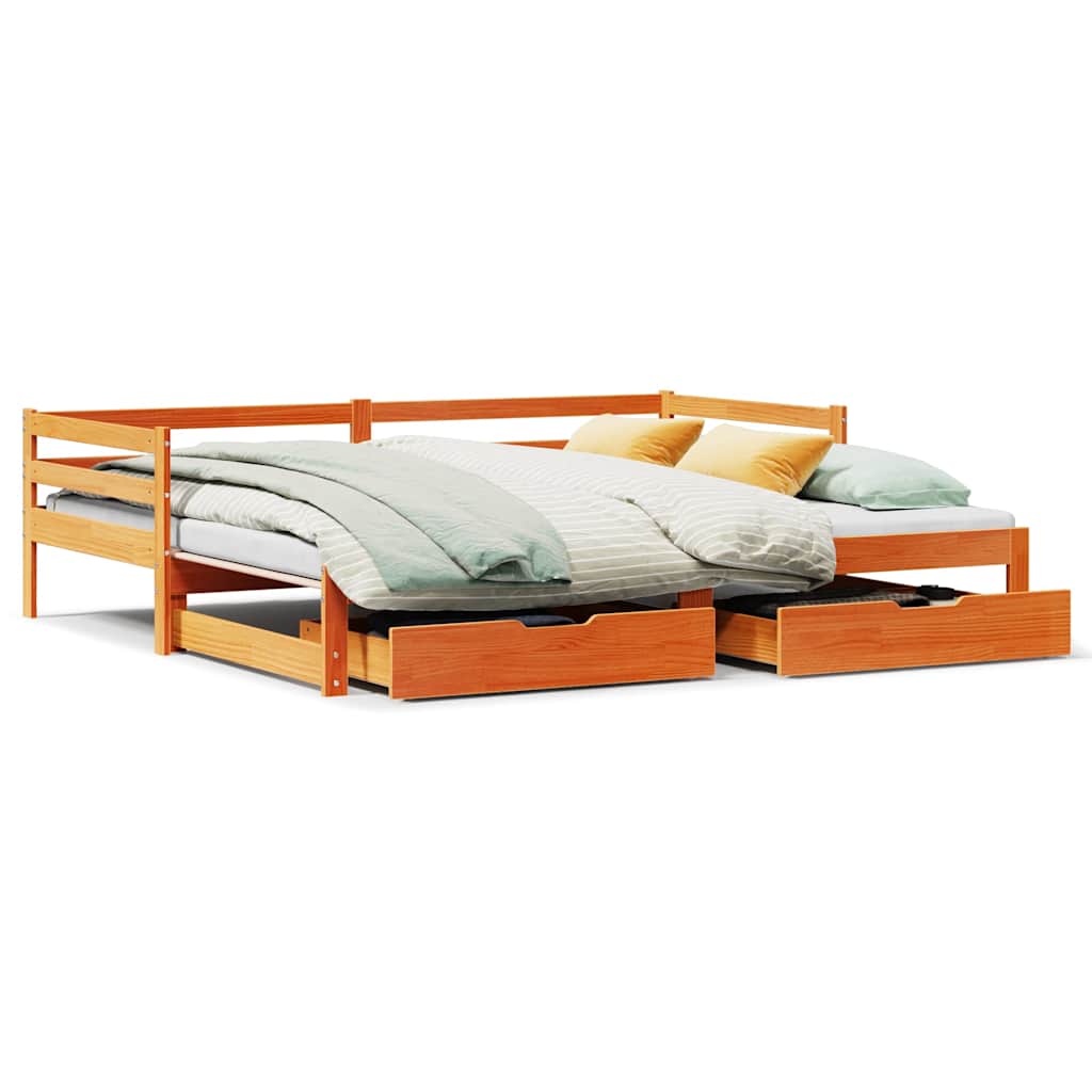 Daybed with Trundle&Drawers without Mattress Wax Brown 90x190 cm Single
