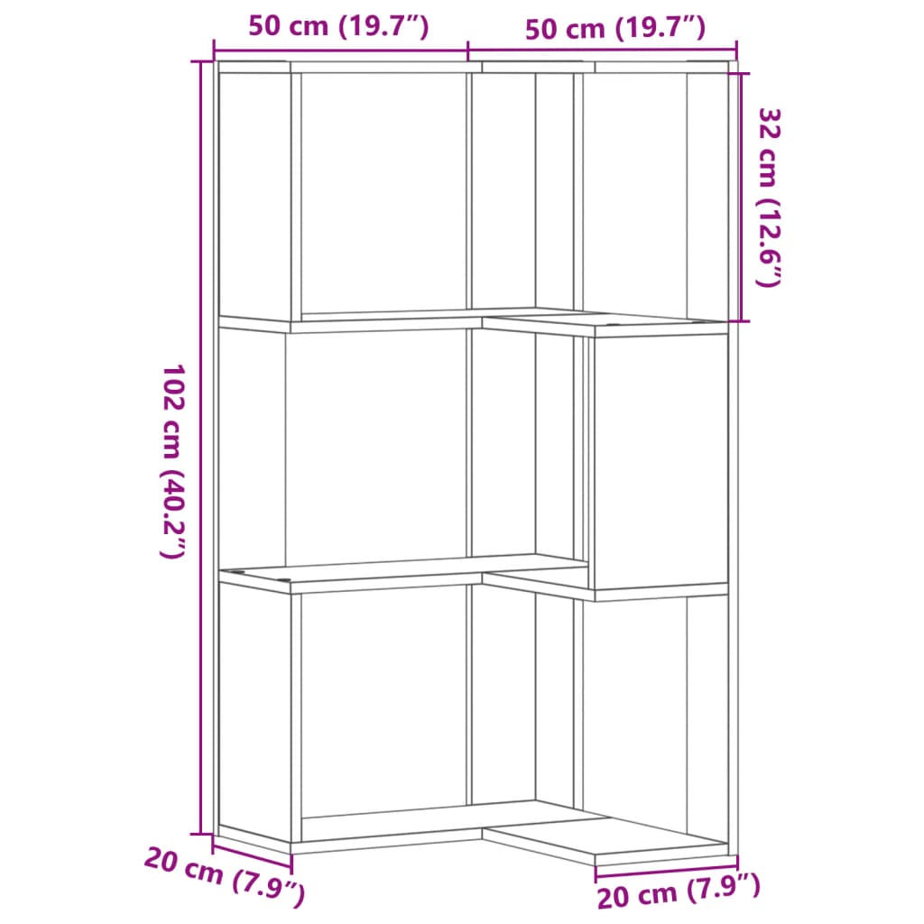 Corner Bookcase 3-Tier Smoked Oak 50x50x102 cm Engineered Wood