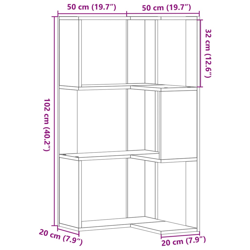 Corner Bookcase 3-Tier Brown Oak 50x50x102 cm Engineered Wood