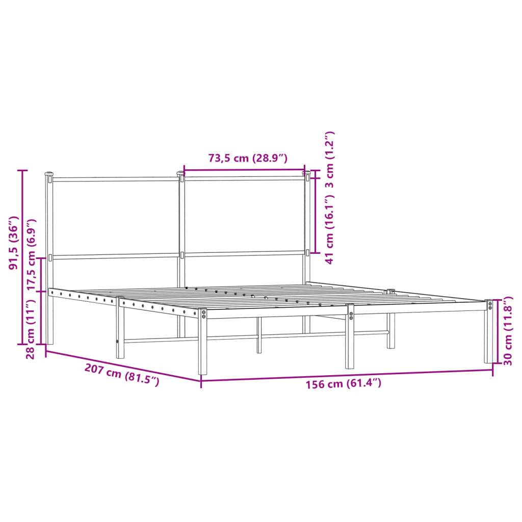 Metal Bed Frame without Mattress Smoked Oak 150x200 cm King Size