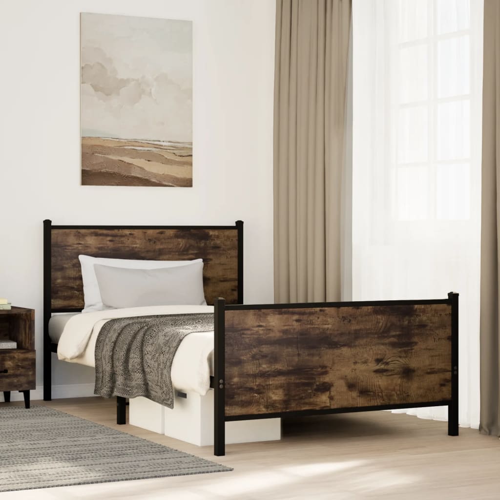 Industrial Wooden Single Size 90cm Bed Frame Base With Headboard & Footboard