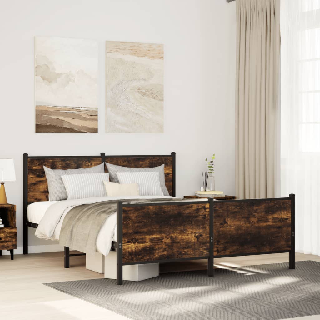 Industrial Wooden Double Size Bed Frame Base With Headboard & Metal Frame Wood