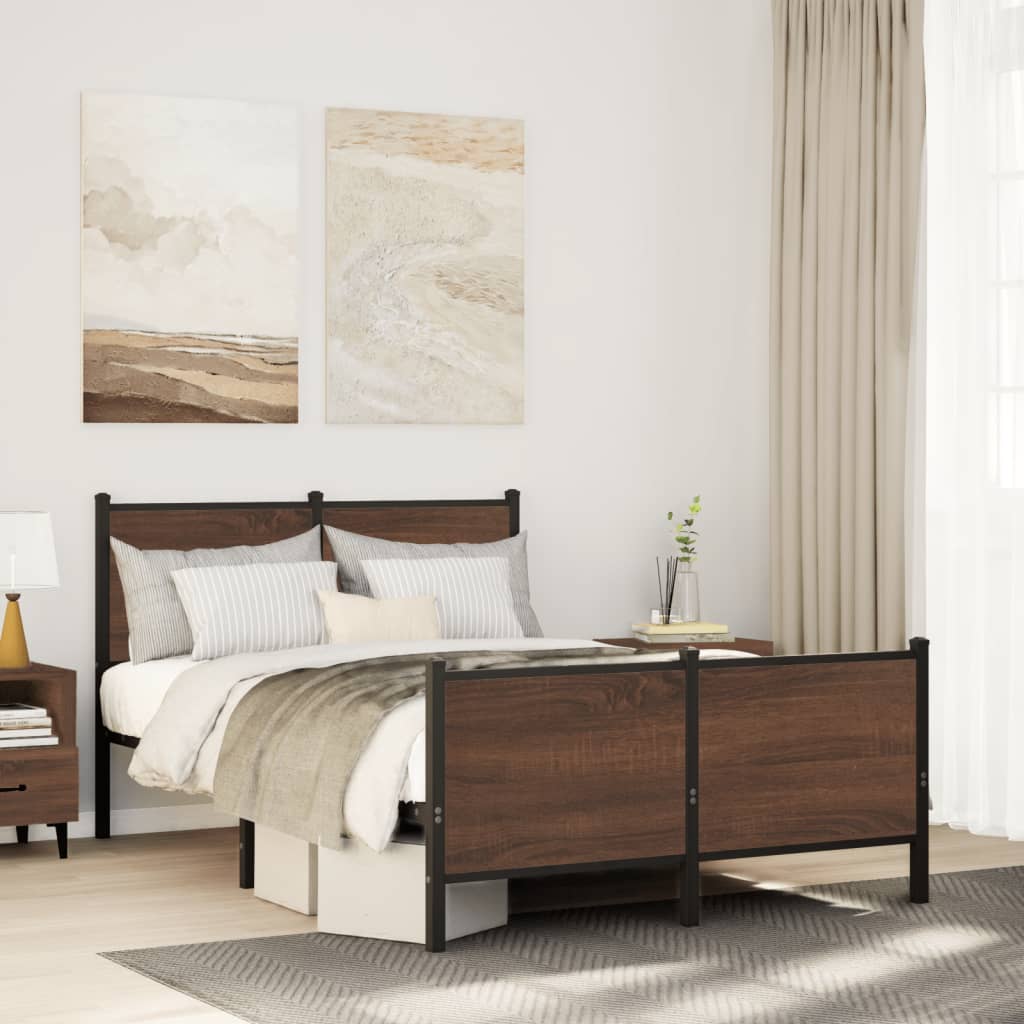 Industrial Wooden Double Size Bed Frame Base With Headboard & Metal Frame Wood