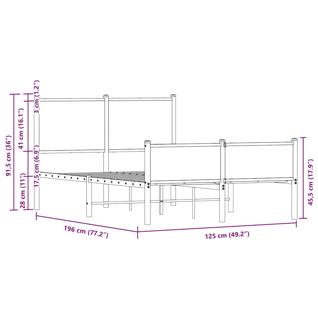 Metal Bed Frame without Mattress Smoked Oak 120x190 cm Small Double