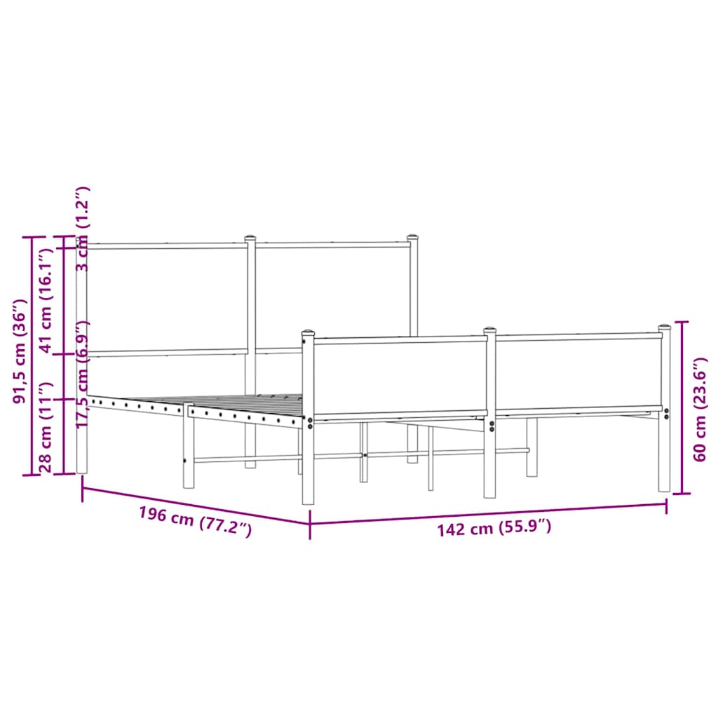 Metal Bed Frame without Mattress Smoked Oak 137x190 cm