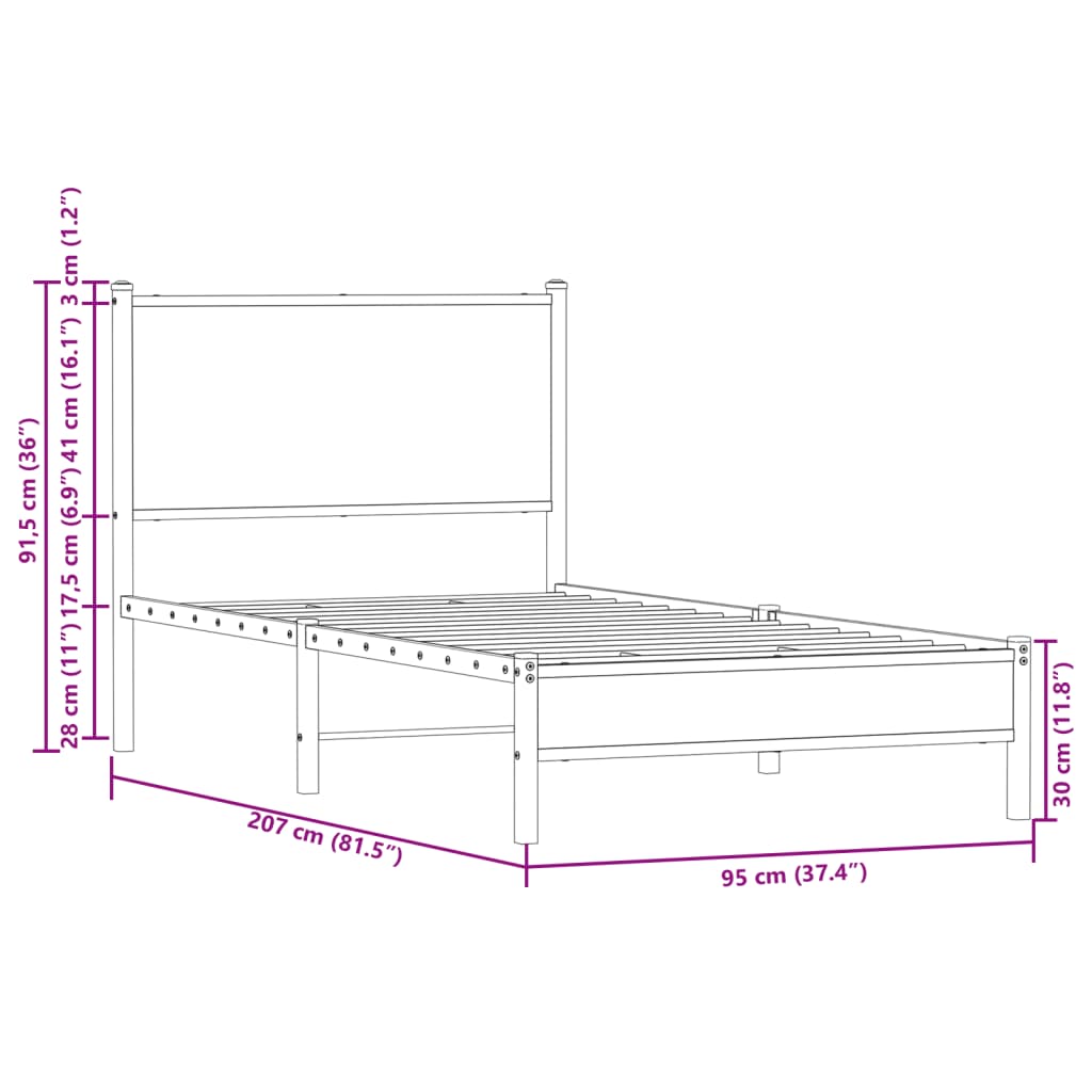 Metal Bed Frame without Mattress Brown Oak 90x200 cm