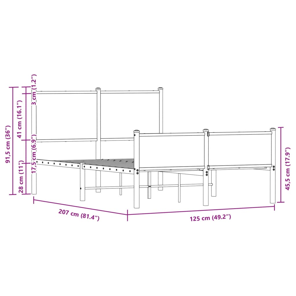 Metal Bed Frame without Mattress Brown Oak 120x200 cm