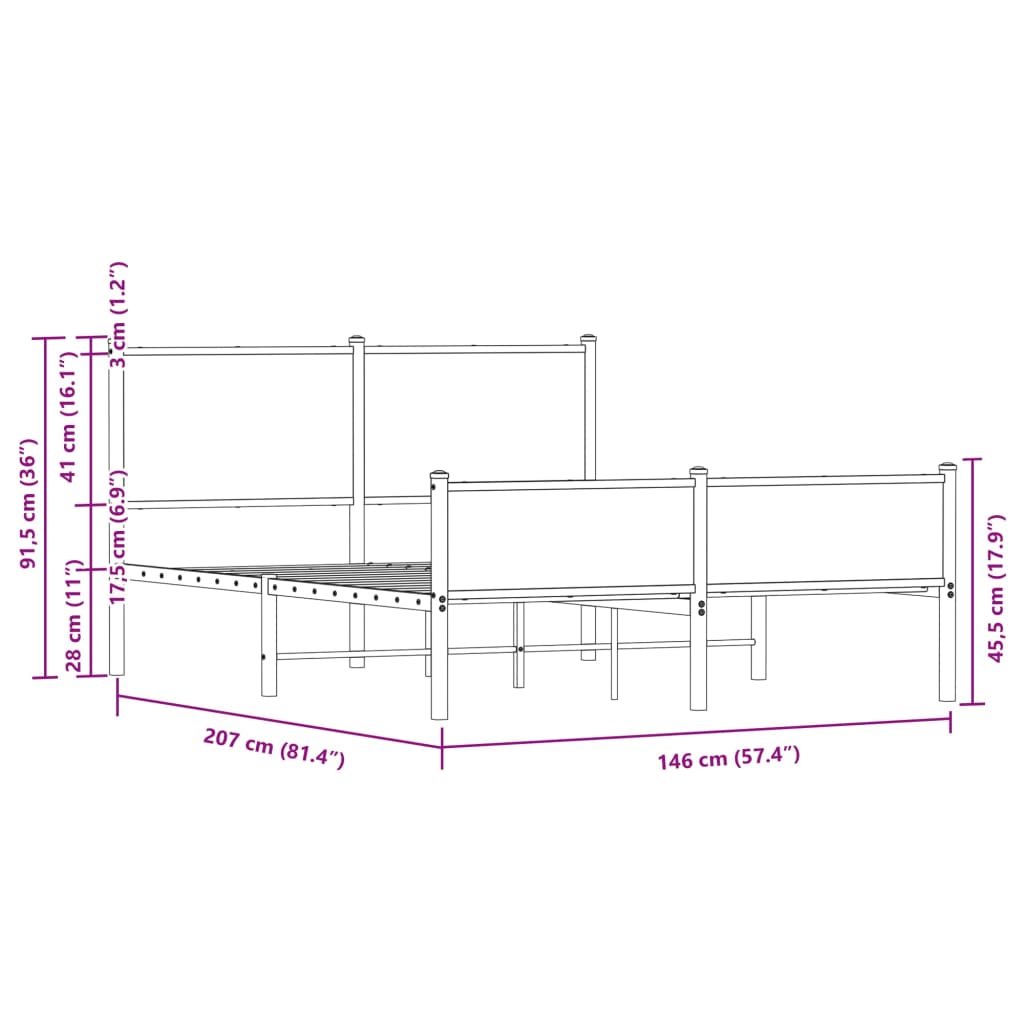 Metal Bed Frame without Mattress Brown Oak 140x200 cm