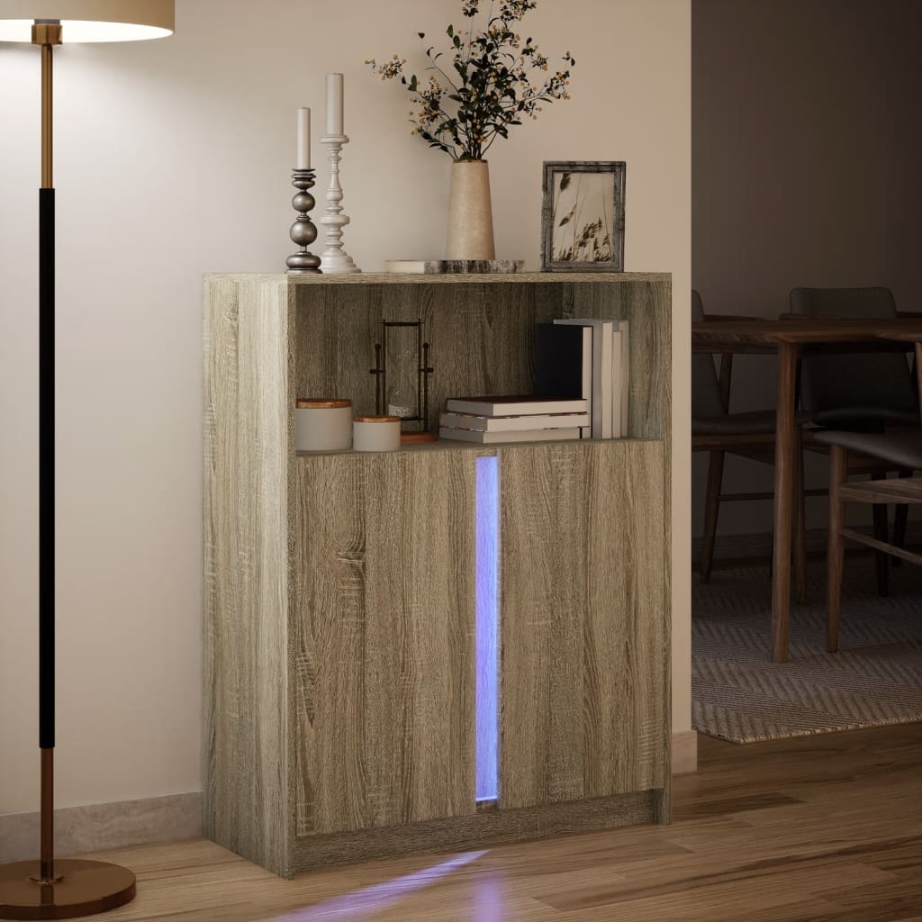 Modern Wooden Sideboard Storage Cabinet Unit With 2 Doors & LED Lights Wood