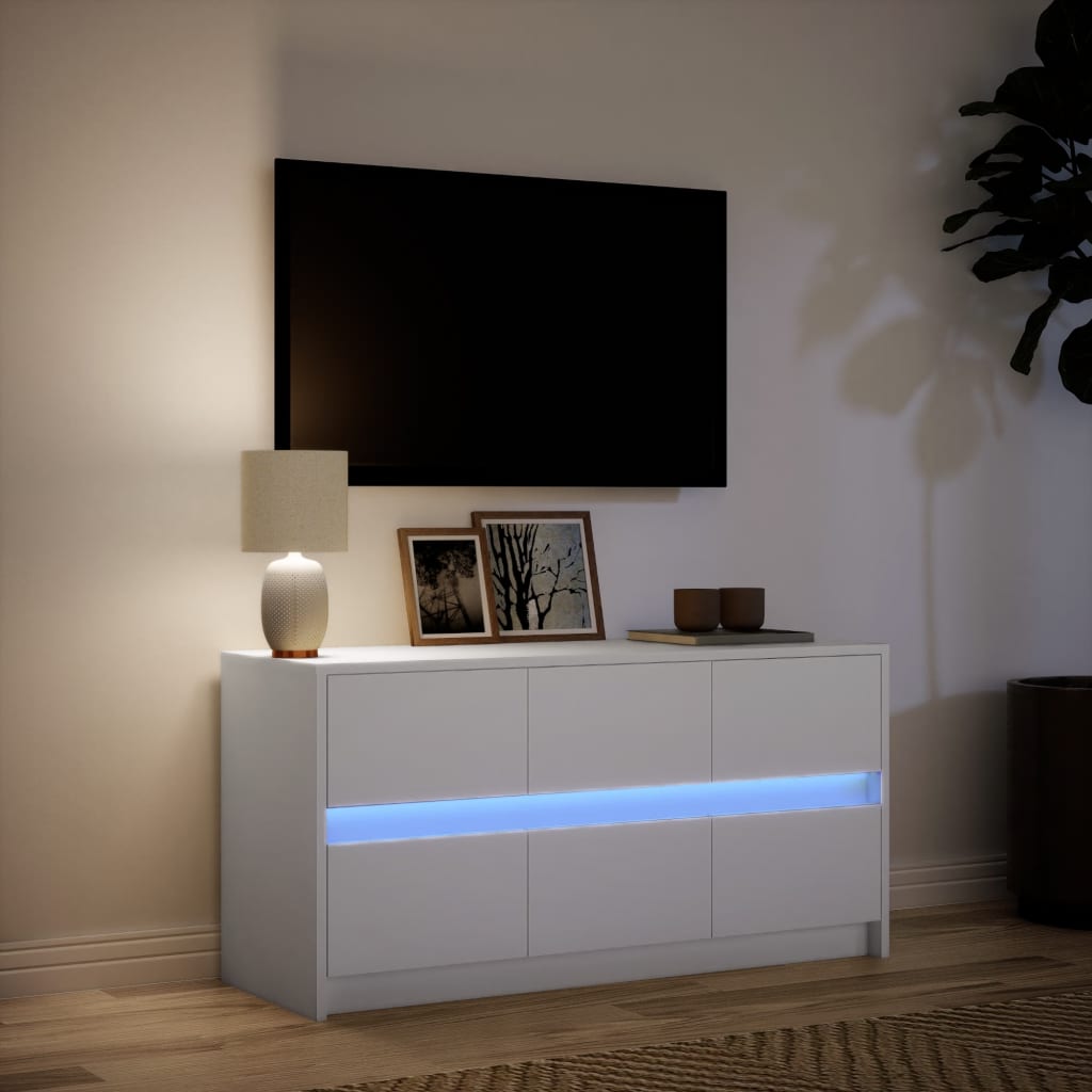 Modern Wooden 40 Inch TV Tele Stand Unit Cabinet With LED Lights & 6 Drawers