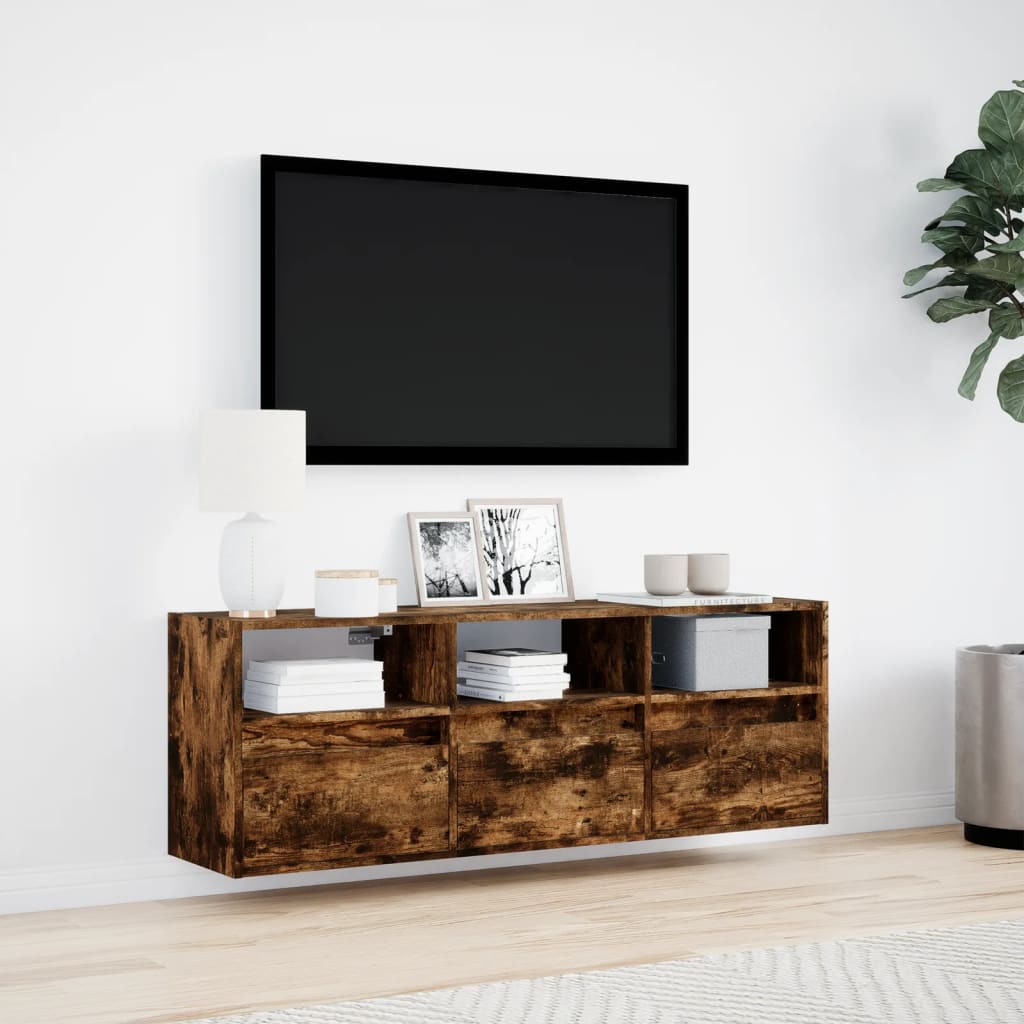 TV Wall Cabinet with LED Lights Smoked Oak 130x31x45 cm