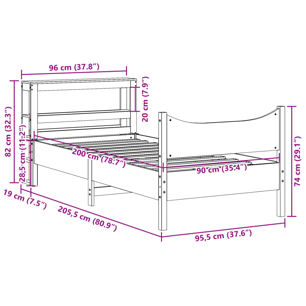 Bed Frame with Headboard White 90x200 cm Solid Wood Pine