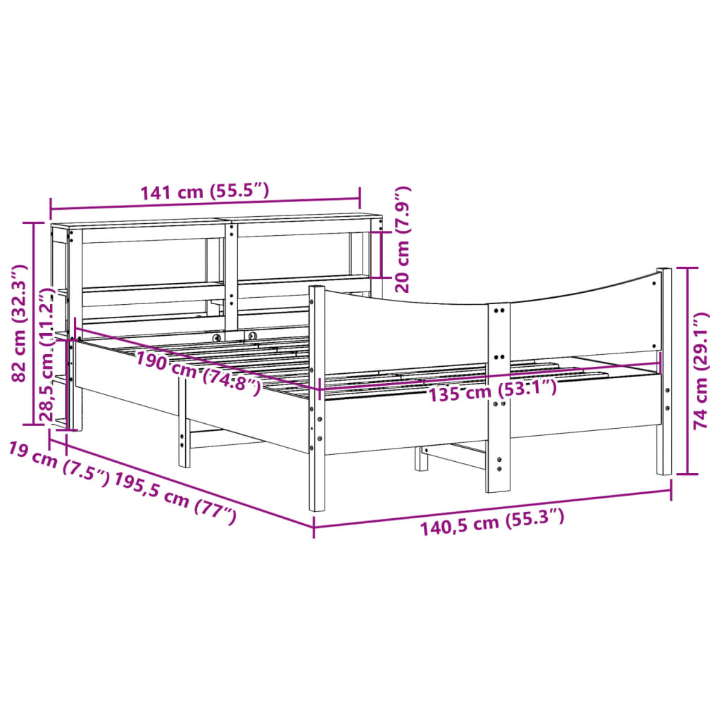 Bed Frame with Headboard White 135x190 cm Double Solid Wood Pine
