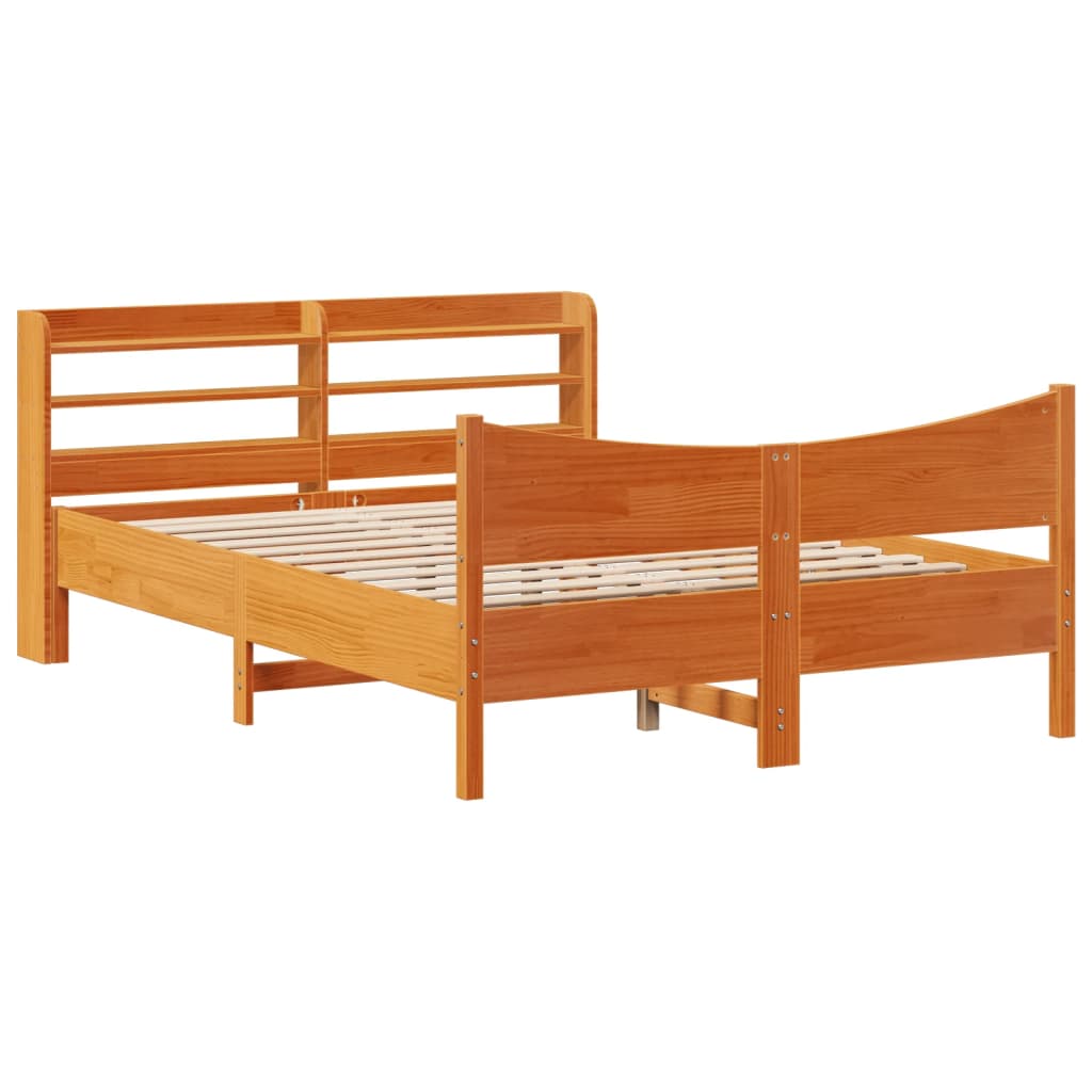 Bed Frame with Headboard Wax Brown 135x190 cm Double Solid Wood Pine