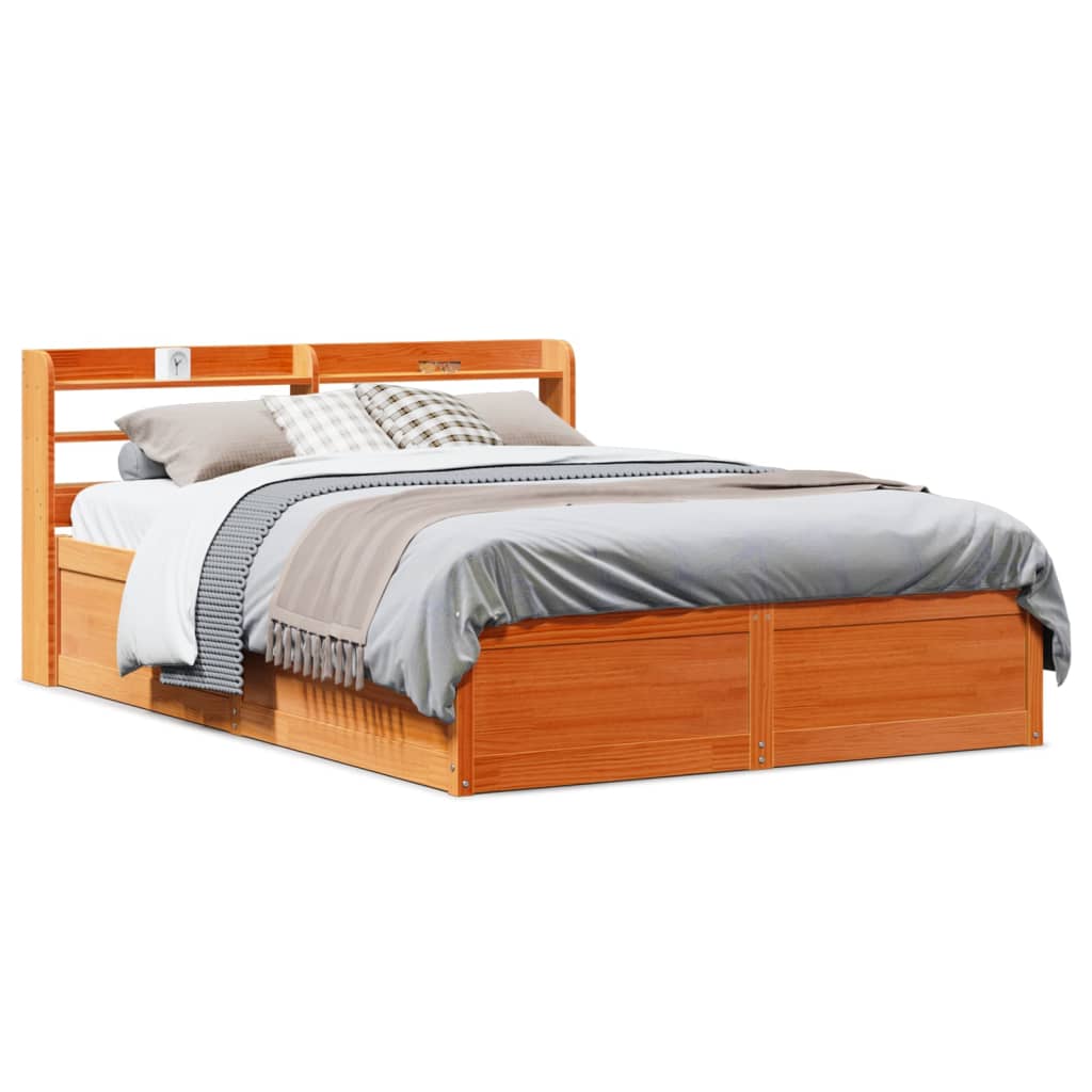 Bed Frame with Headboard Wax Brown 140x190 cm Solid Wood Pine