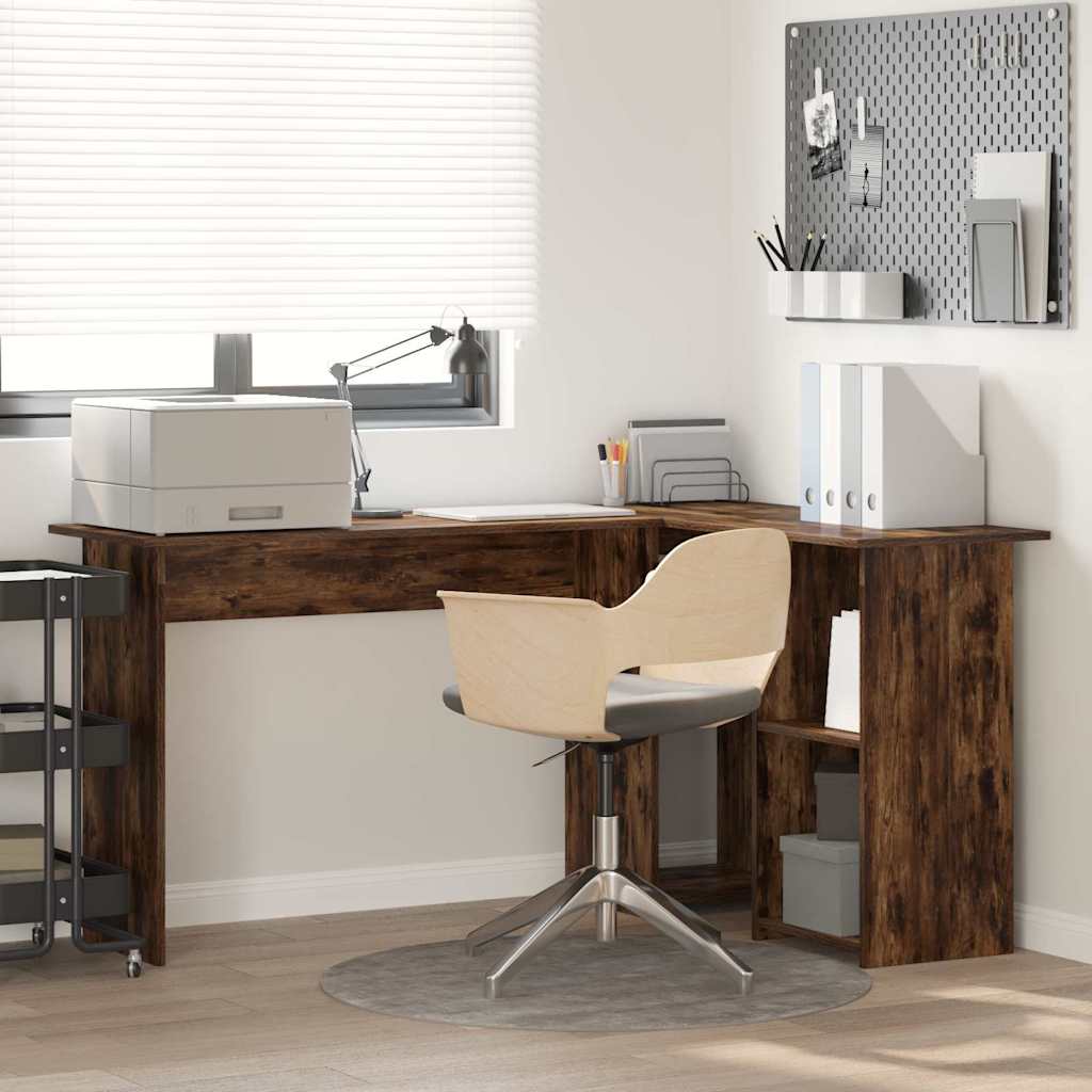 Modern Wooden Home Office L-Shape Corner Computer Desk With Open Storage Shelves