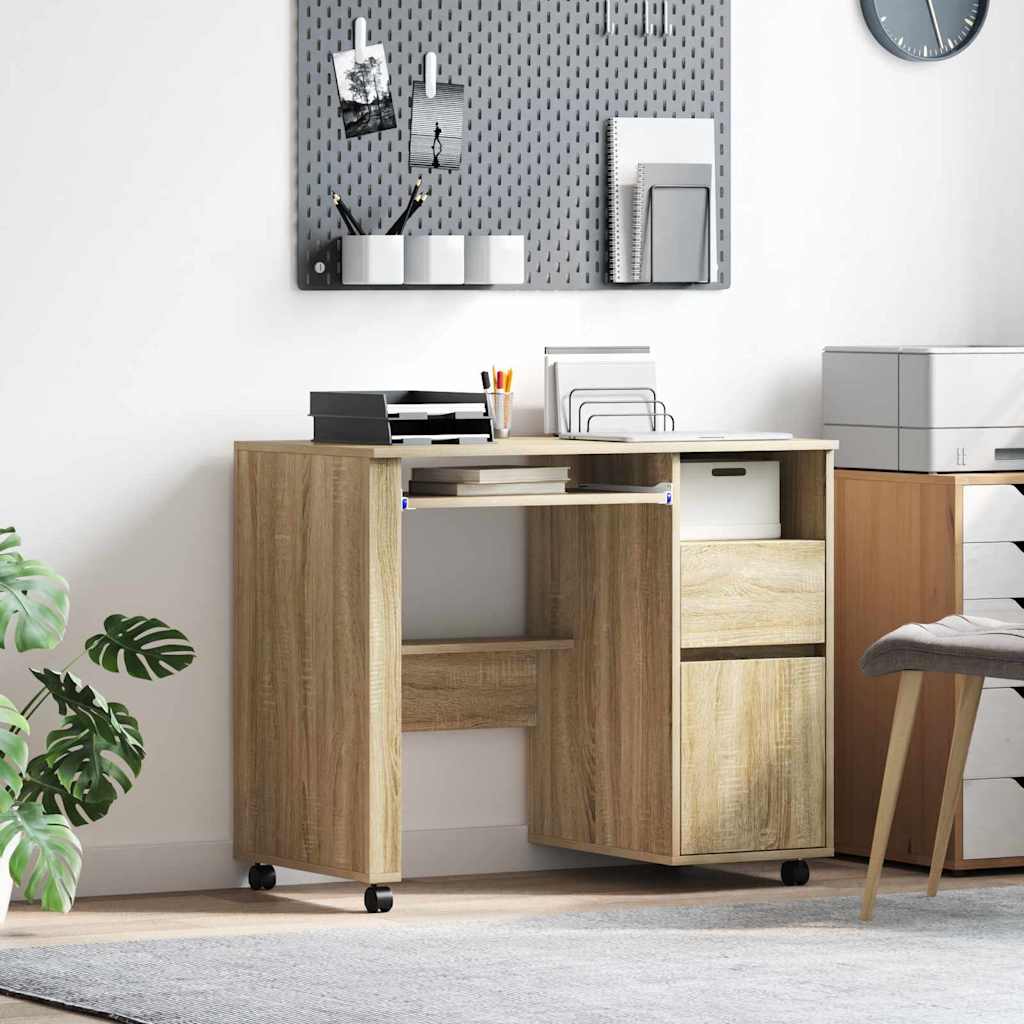 Modern Wooden Home Office Computer Desk Table With Wheels Keyboard Shelf Storage