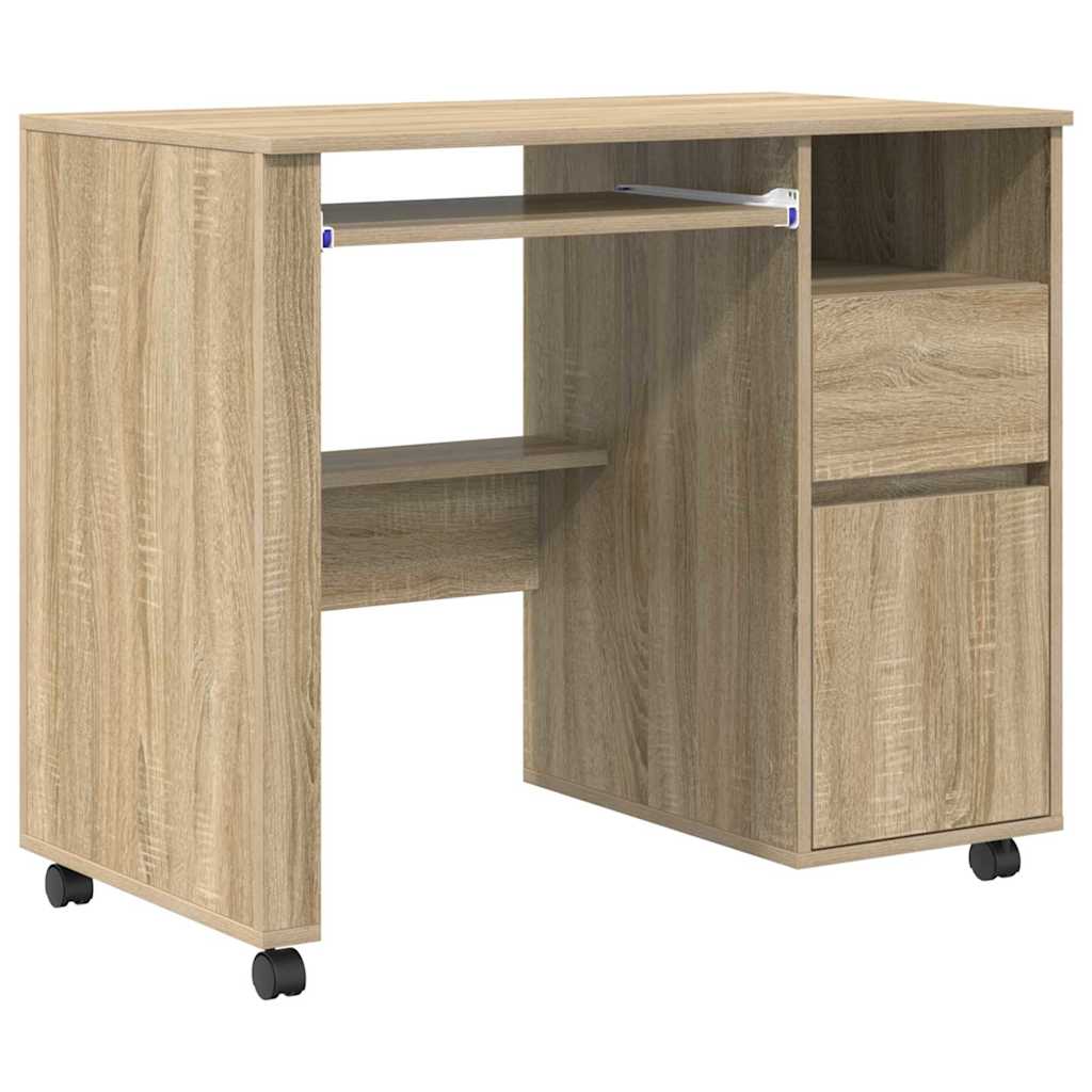 Modern Wooden Home Office Computer Desk Table With Wheels Keyboard Shelf Storage