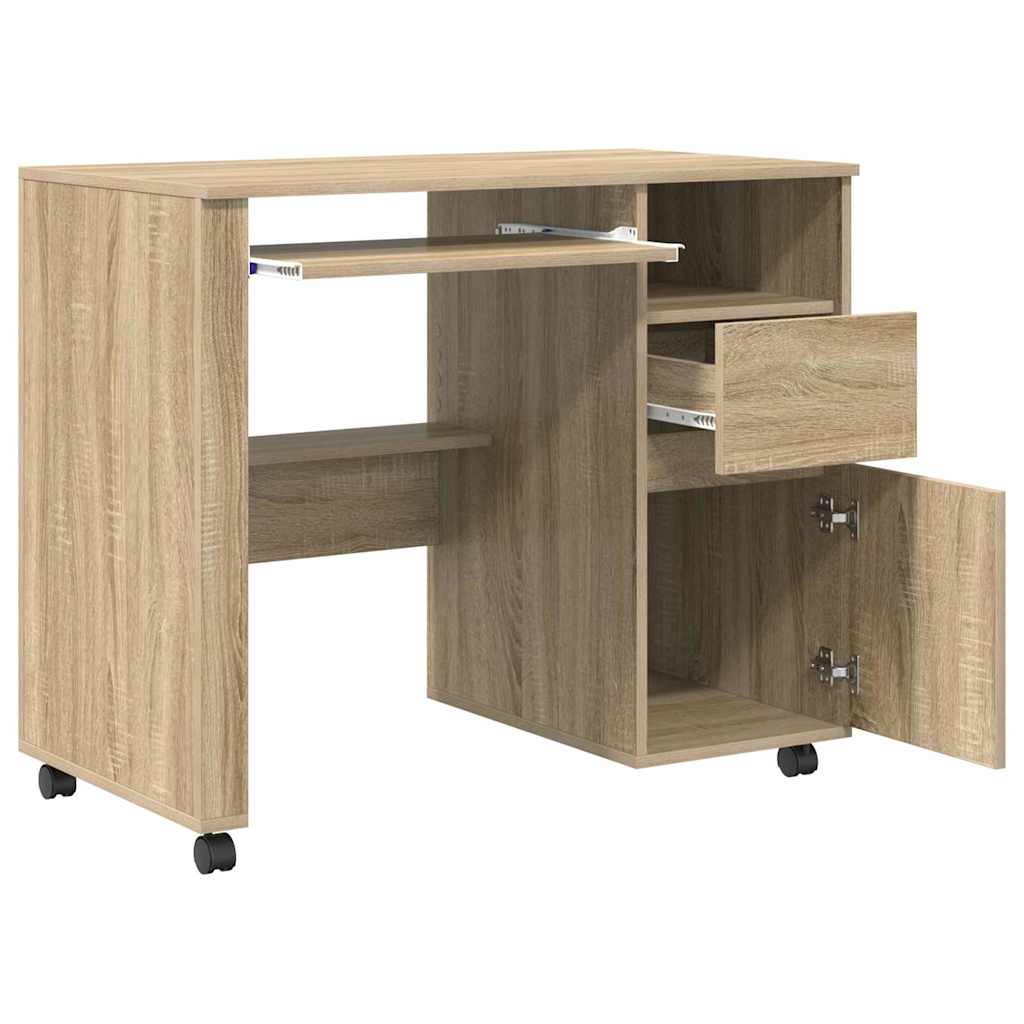 Modern Wooden Home Office Computer Desk Table With Wheels Keyboard Shelf Storage
