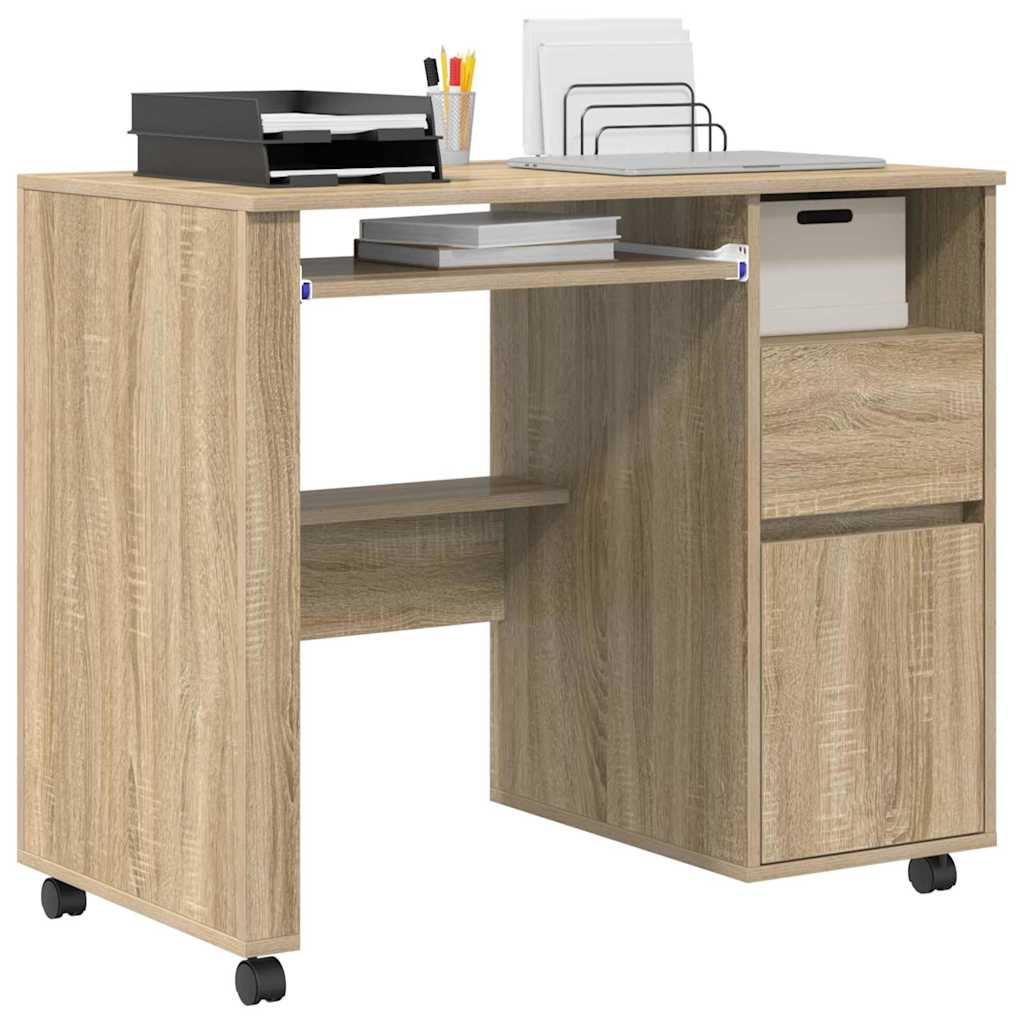 Modern Wooden Home Office Computer Desk Table With Wheels Keyboard Shelf Storage