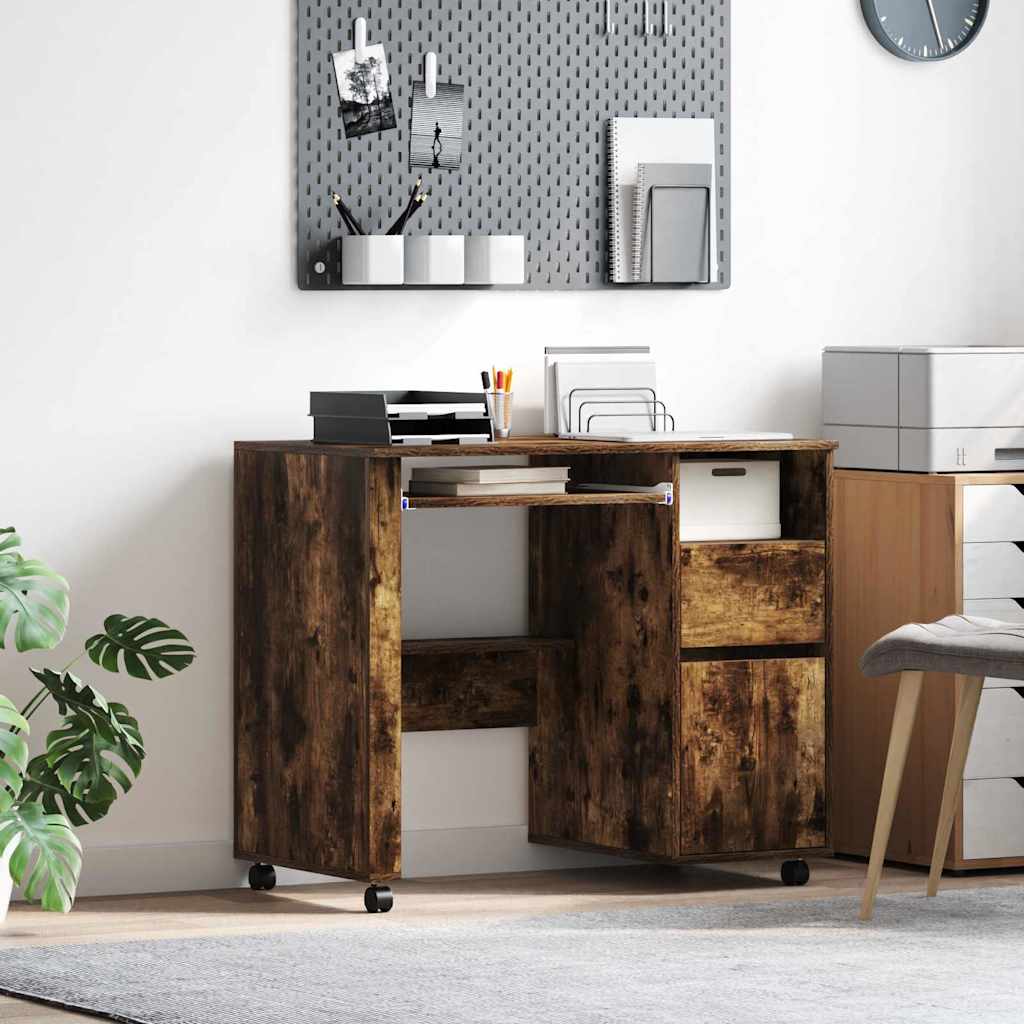 Modern Wooden Home Office Computer Desk Table With Wheels Keyboard Shelf Storage