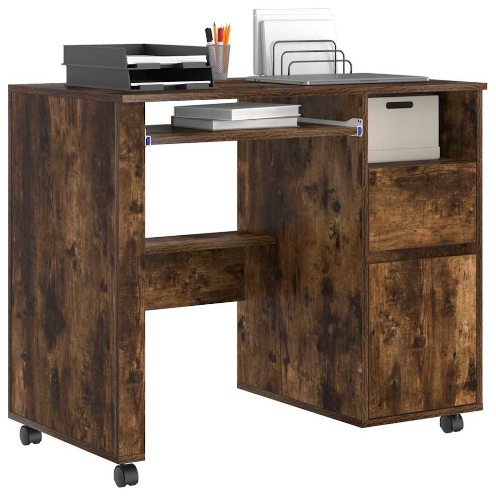 Modern Wooden Home Office Computer Desk Table With Wheels Keyboard Shelf Storage