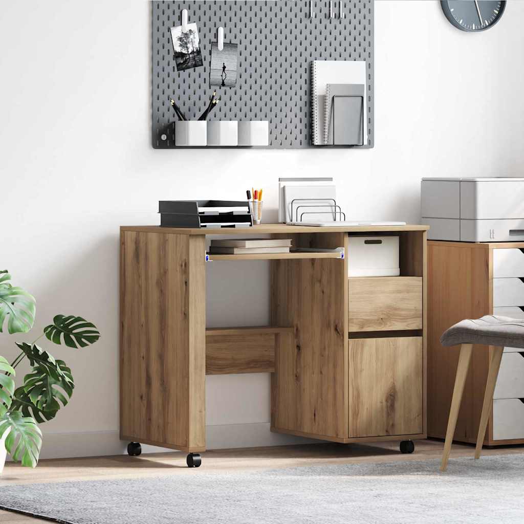 Modern Wooden Home Office Computer Desk Table With Wheels Keyboard Shelf Storage