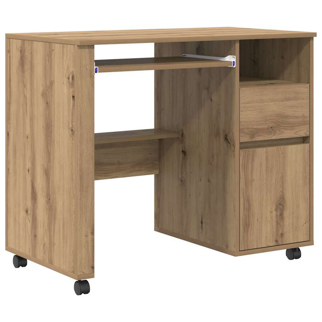 Modern Wooden Home Office Computer Desk Table With Wheels Keyboard Shelf Storage