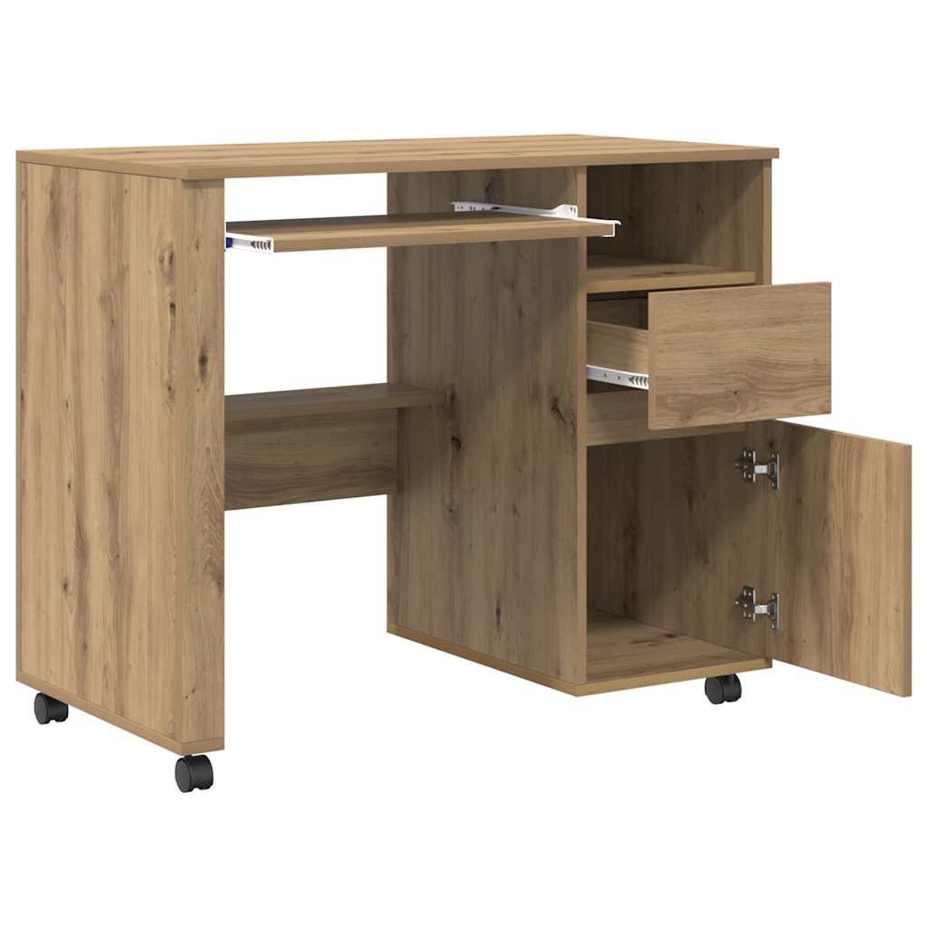 Modern Wooden Home Office Computer Desk Table With Wheels Keyboard Shelf Storage