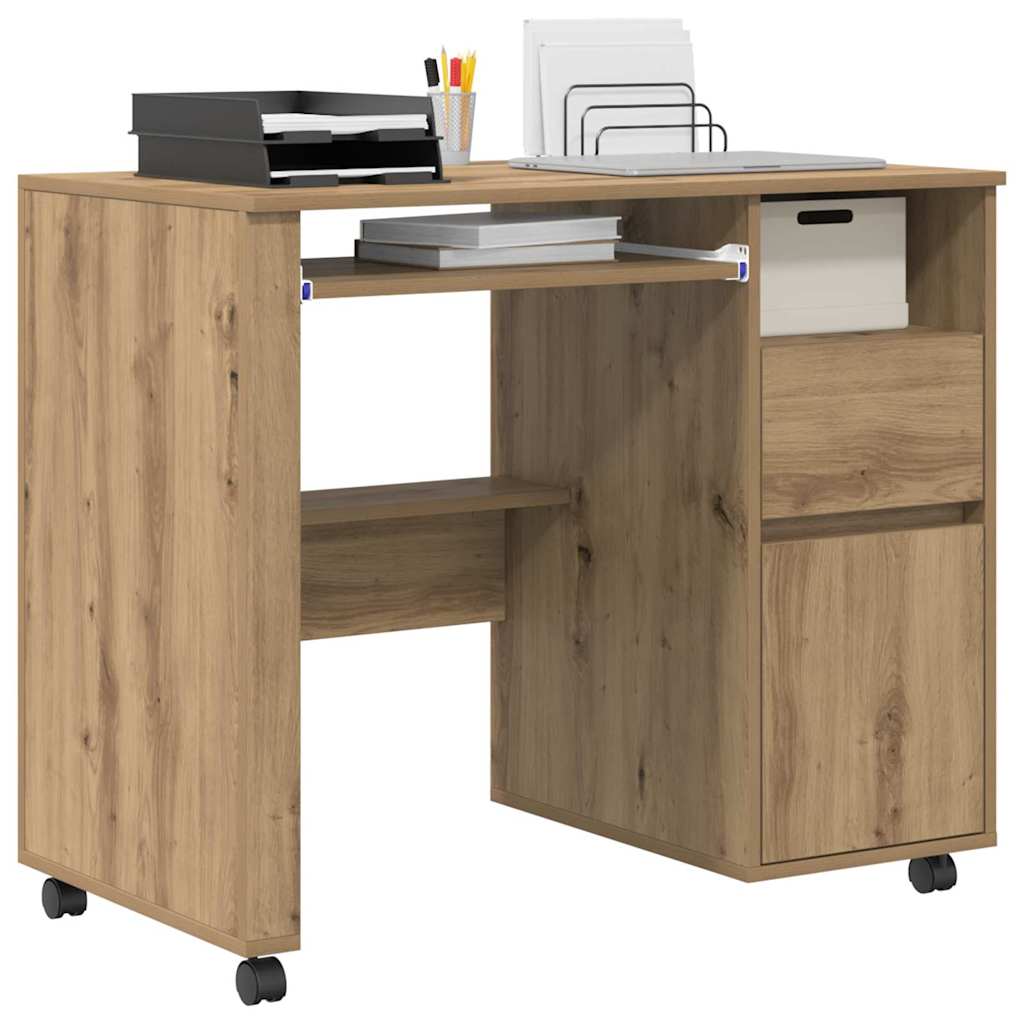 Modern Wooden Home Office Computer Desk Table With Wheels Keyboard Shelf Storage