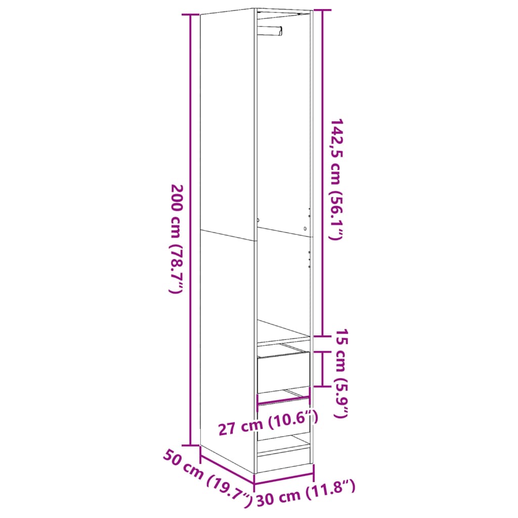 Modern Wooden Narrow Open Bedroom Wardrobe With 2 Storage Drawers Hanging Rail