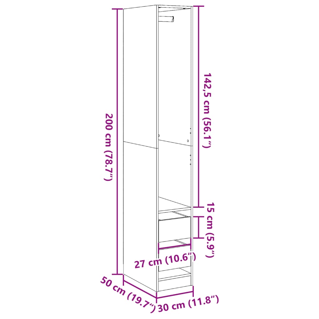 Modern Wooden Narrow Open Bedroom Wardrobe With 2 Storage Drawers Hanging Rail