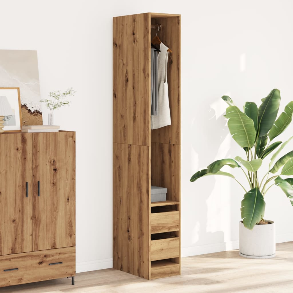Modern Wooden Narrow Open Bedroom Wardrobe With 2 Storage Drawers Hanging Rail
